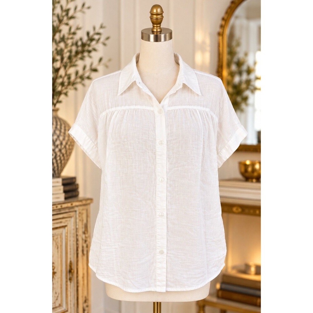 Caslon White Linen Blend Short Sleeve Button Front Shirt Blouse Women’s M NWT